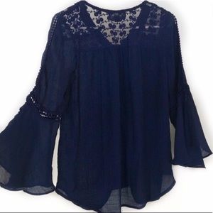 NWOT Lacey, dark blue blouse with bell sleeves